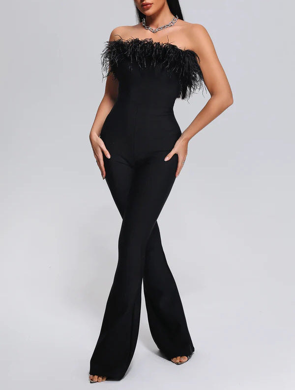Sexy Sleeveless Feather Slimming Bowknot Decoration Straight Long Jumpsuit
