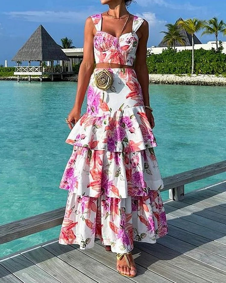 Ensemble deux pièces jupe gilet imprimée décontractée à la mode pour les vacances