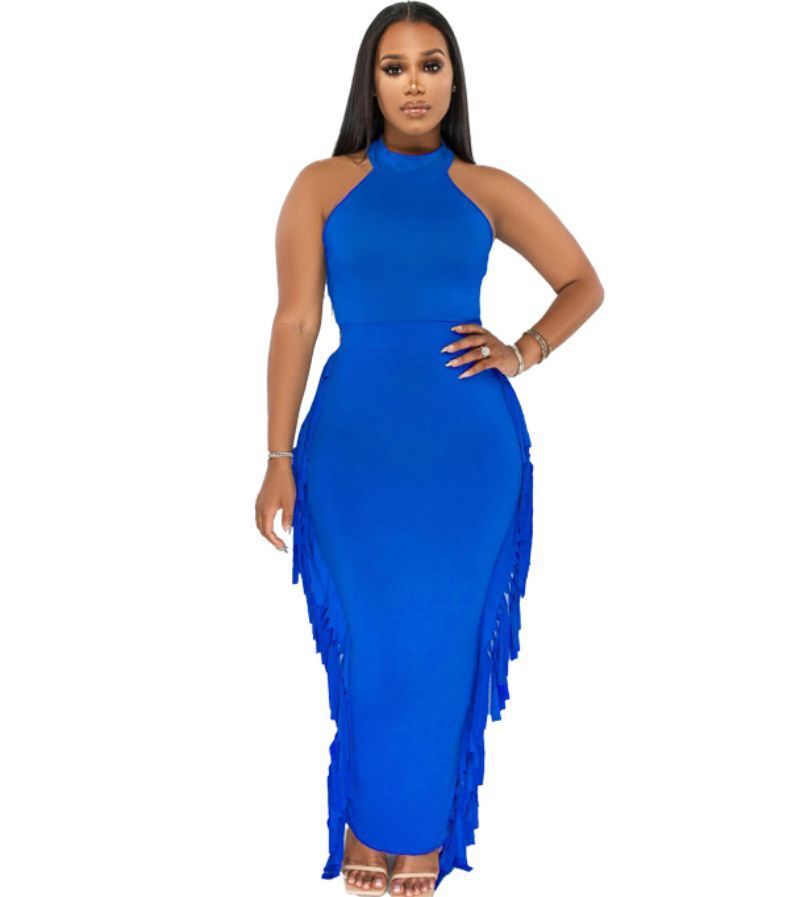 Ensemble deux pièces robe à pompons de couleur unie et licou