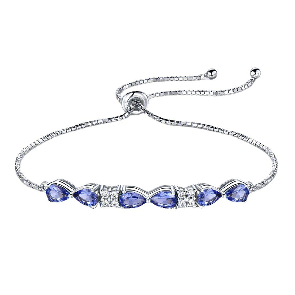 Pulsera ajustable de plata de ley S925 con zafiro azul y cadena de caja para mujer