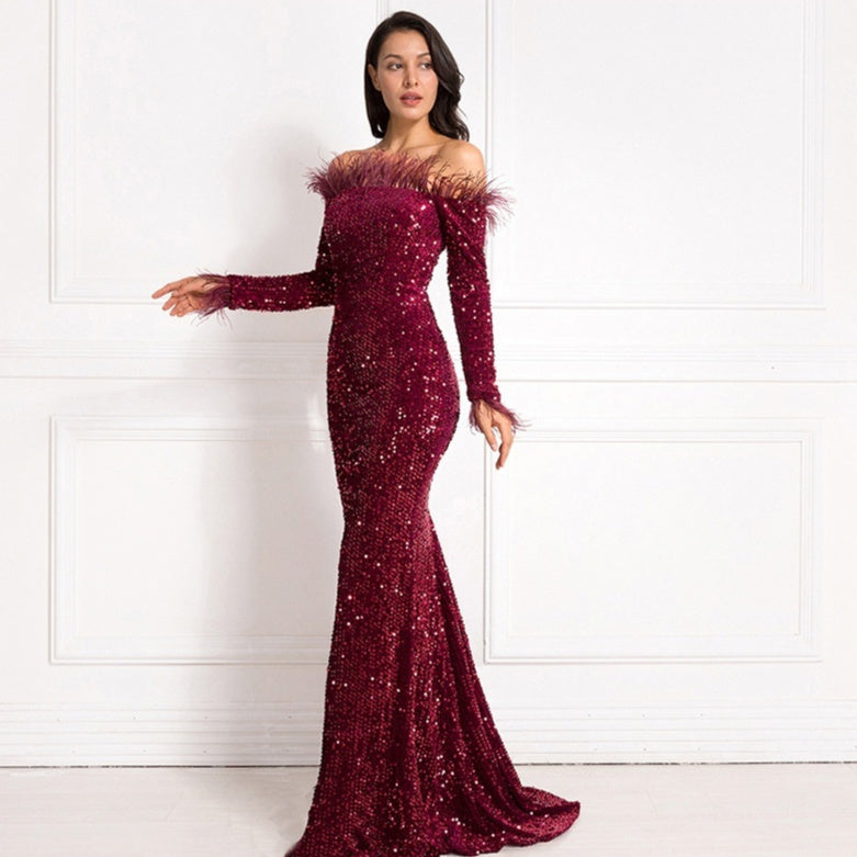 Robe de soirée formelle à épaules dénudées et queue de poisson