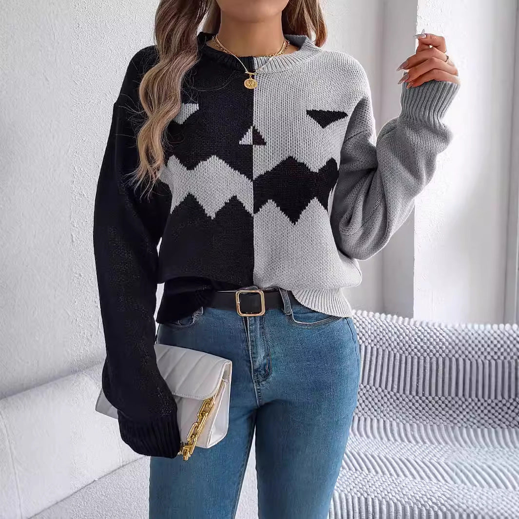 Pull d'Halloween à manches longues et couleurs contrastées pour femme