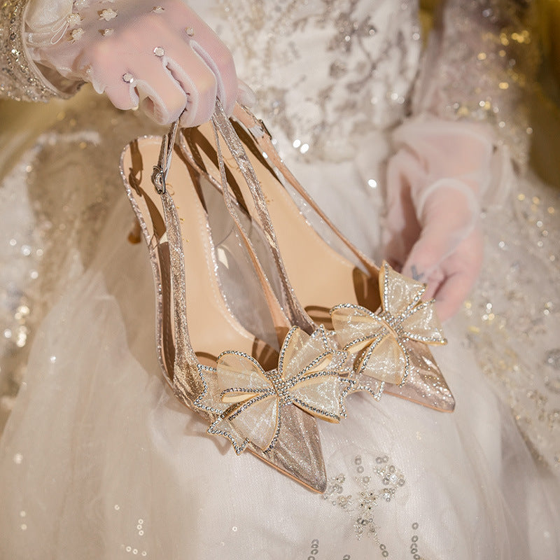 Tacones altos de cristal francés con lazo, zapatos de novia dorados con diamantes de imitación y punta puntiaguda