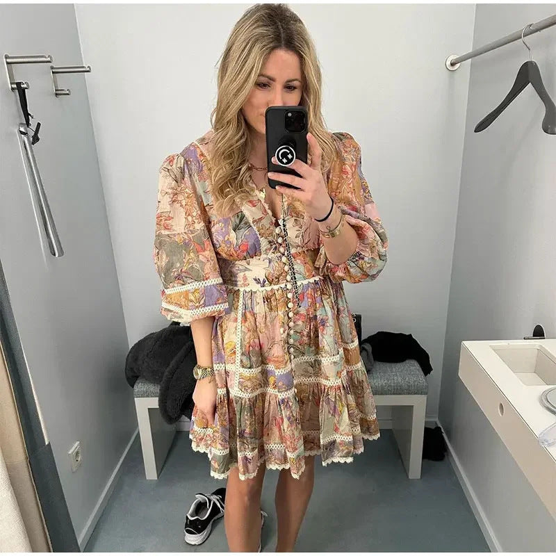 Vintage Single-breasted Printed Mini Dress