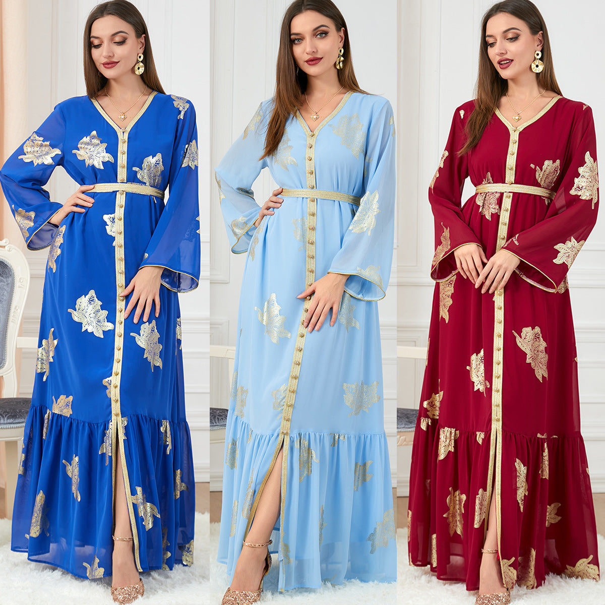 Vestidos casuales de manga larga con estampado dorado para mujer