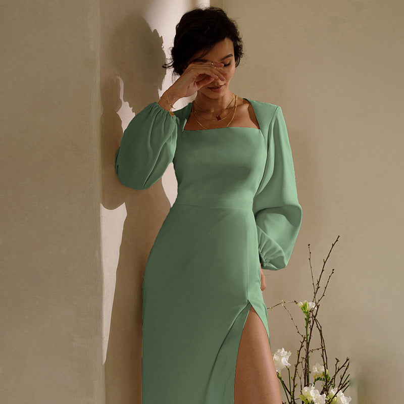 Robe élégante rétro décontractée à manches longues de couleur unie