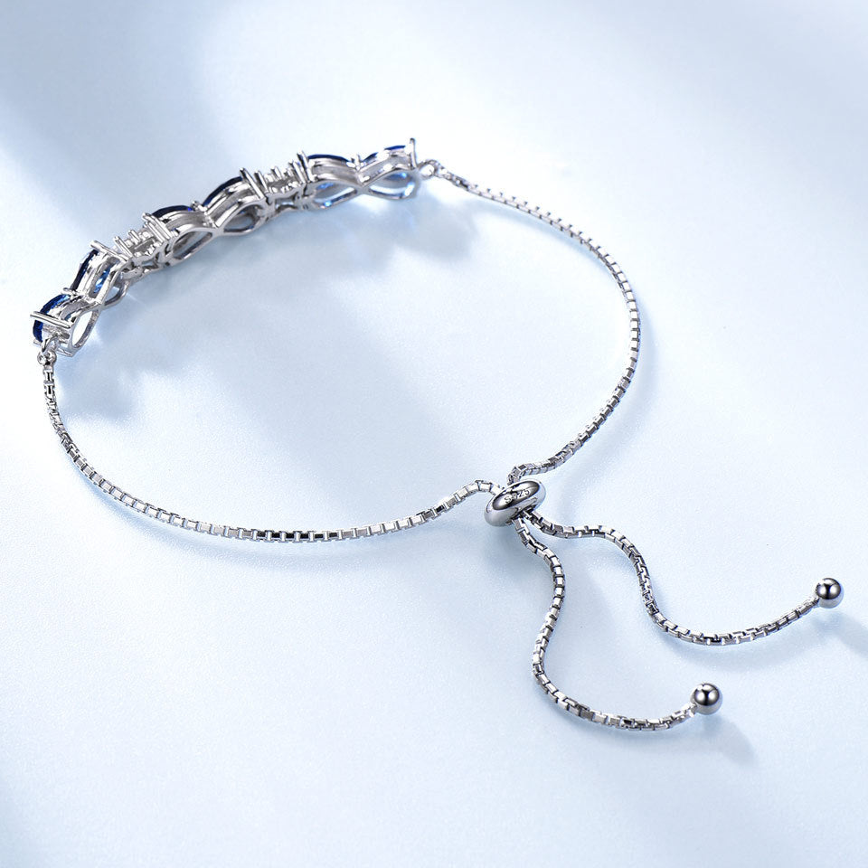Pulsera ajustable de plata de ley S925 con zafiro azul y cadena de caja para mujer
