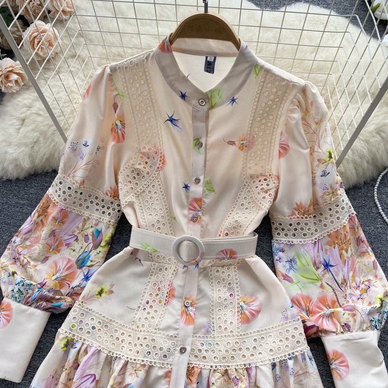 Ethnic Style Waist Slimming Hollow-out Elegant Long Sleeve Dress