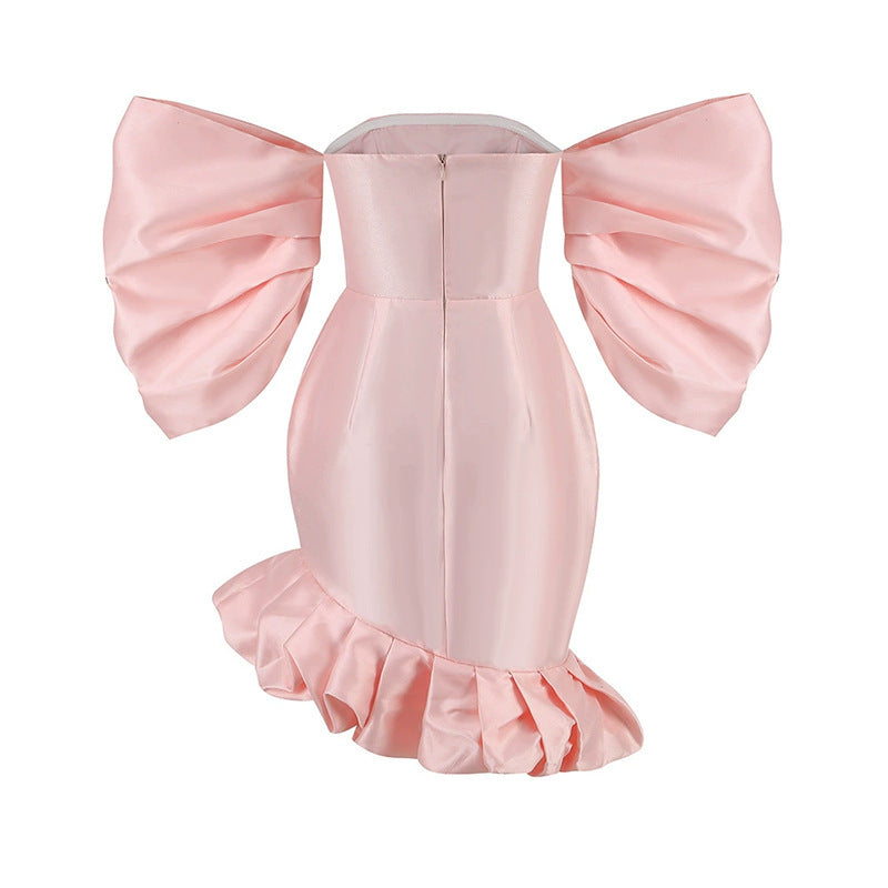 Vestido de noche abullonado de color rosa con cintura adelgazante de estilo francés