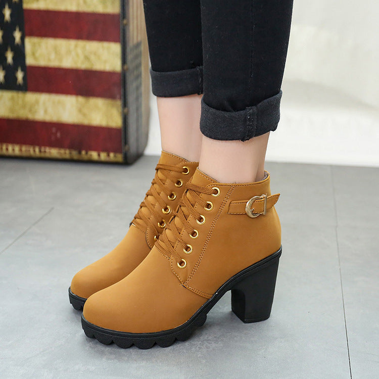 Botas de tacón de bloque grueso Botines con hebilla Zapatos de mujer