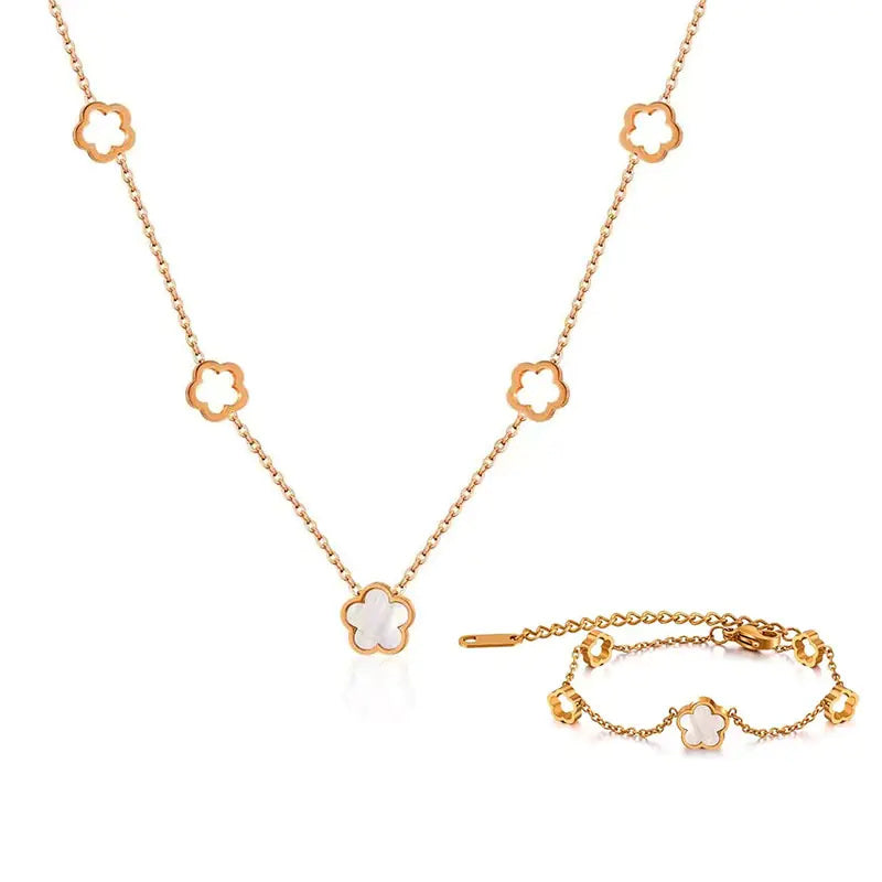 Collier en acier titane et coquillage blanc à cinq feuilles pour femme