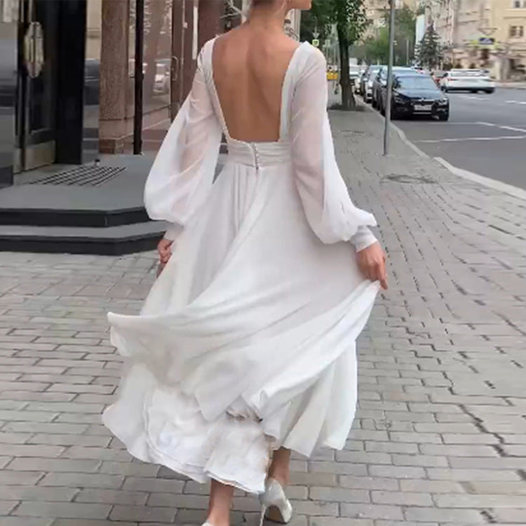 Pure White Long-sleeved V-neck Back Dress