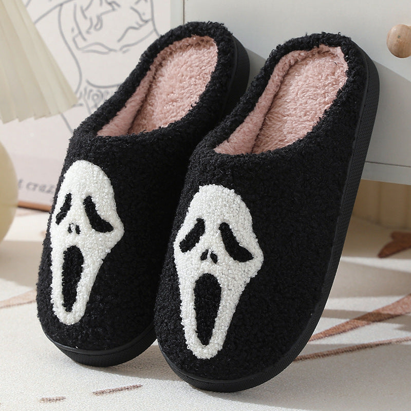 Chaussons d'hiver chauds à imprimé tête de mort pour Halloween, pantoufles d'intérieur en coton pour hommes et femmes