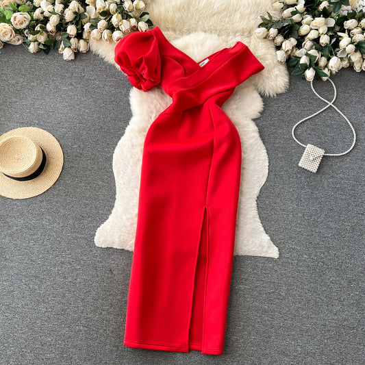French Style Slanted Neck Bubble Sleeve High Waisted Dress