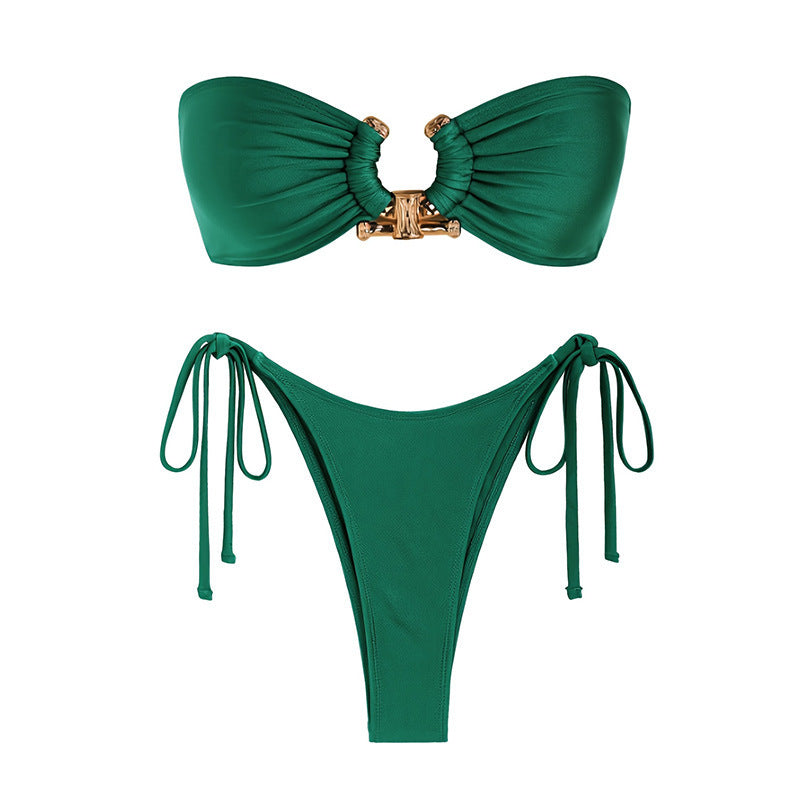 Traje de baño de color liso con parte superior de tubo dividida para mujer