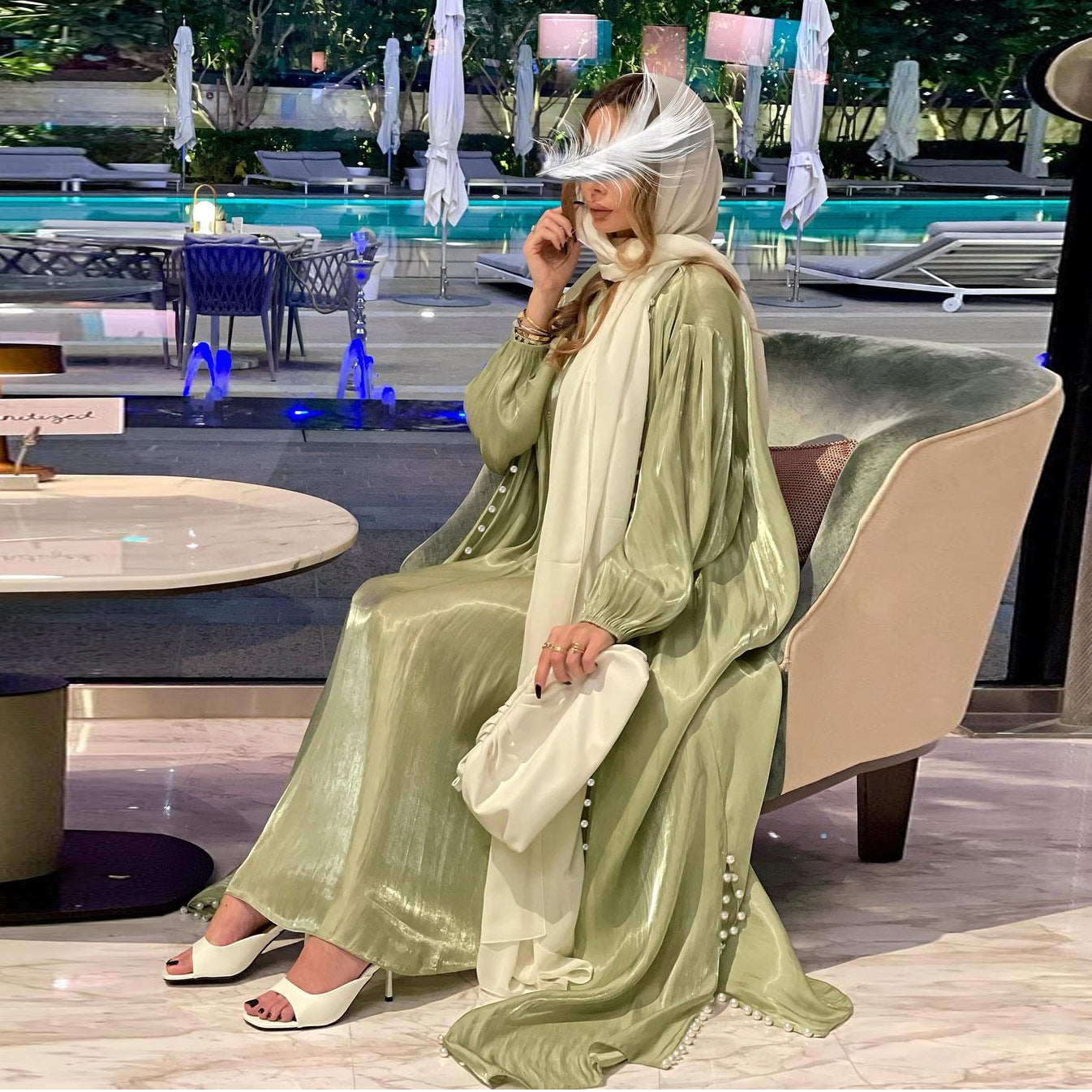 Women's Fashion Fil-Lumiere Satin Silk Dress Foam Beads Solid Color Suit