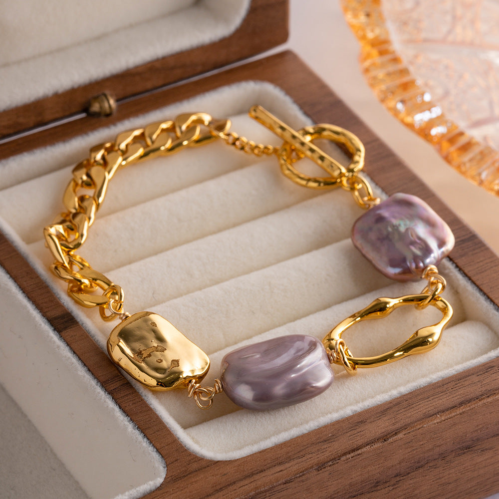 Pulsera de mujer con cadena de eslabones cubanos, barroco, pastel, perla natural, cuadrado irregular
