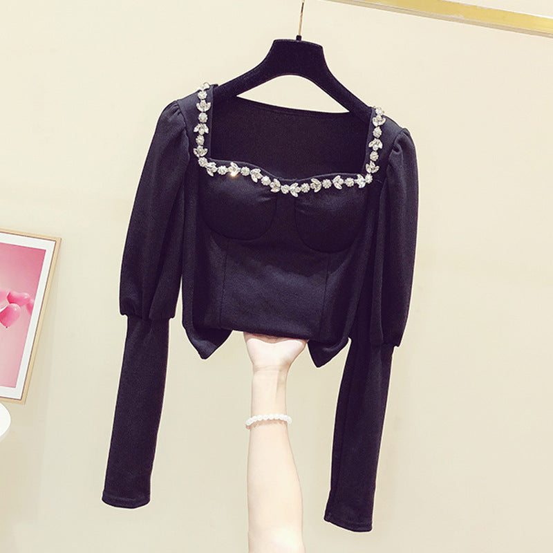 French Blouse Women Spring Dress Temperament Square Collar Exposed Collarbone Slim Fit