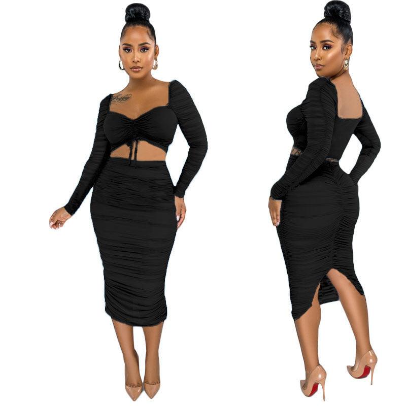 Sexy Drawstring Mesh Skirt Two-piece Suit