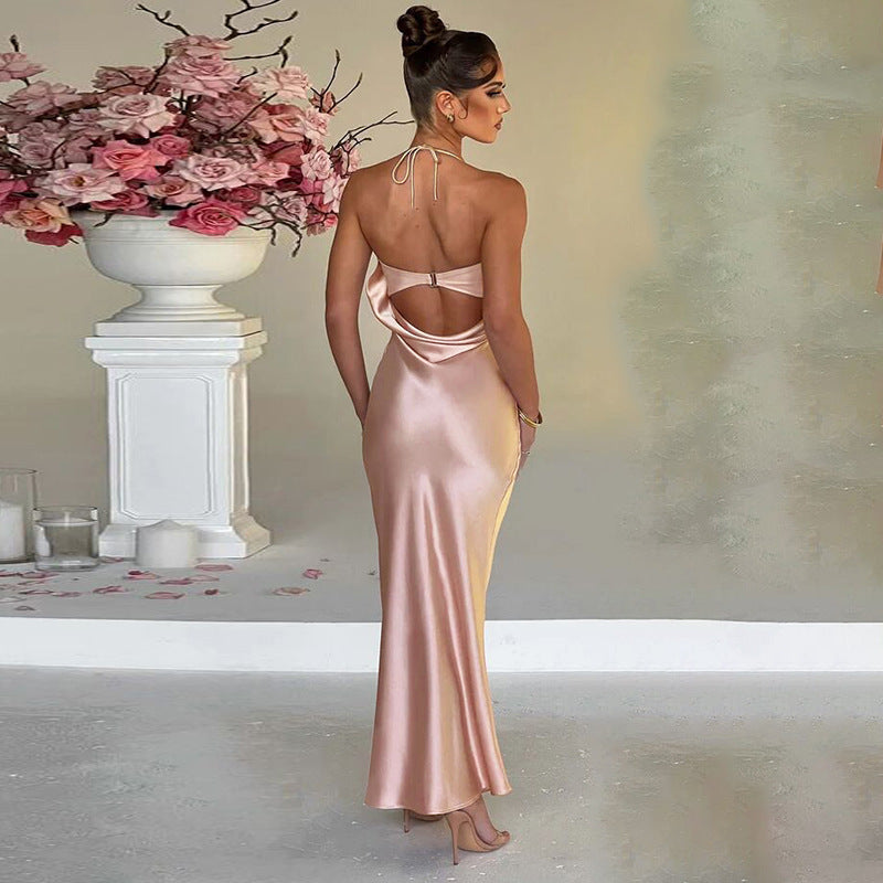 Robe sexy à col suspendu et dos ouvert pour femme, coupe ajustée, hanches enveloppées