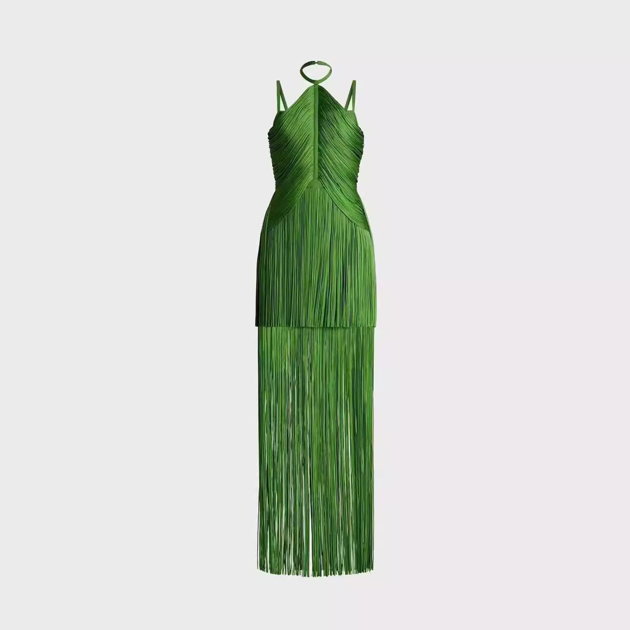 Robe de soirée verte à bretelles spaghetti et pompons