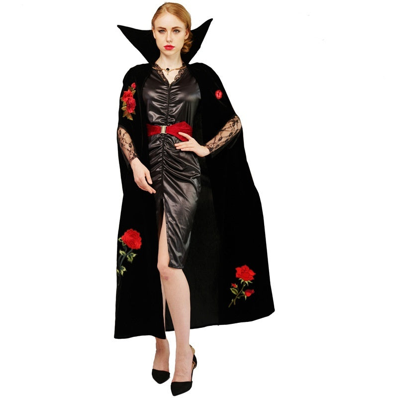 Costume de vampire brodé de roses pour Halloween, pour couple, pour spectacle sur scène