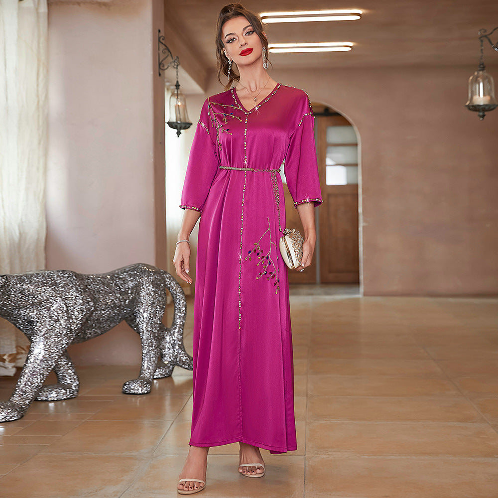 New Satin Mid-sleeve Long Dress Dubai Travel Rhinestone Plus Size Straight Long Dress