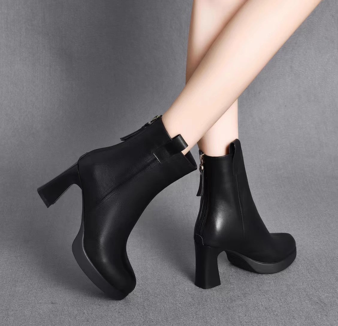 Botas de tacón alto de piel suave para mujer, además de terciopelo de piel auténtica