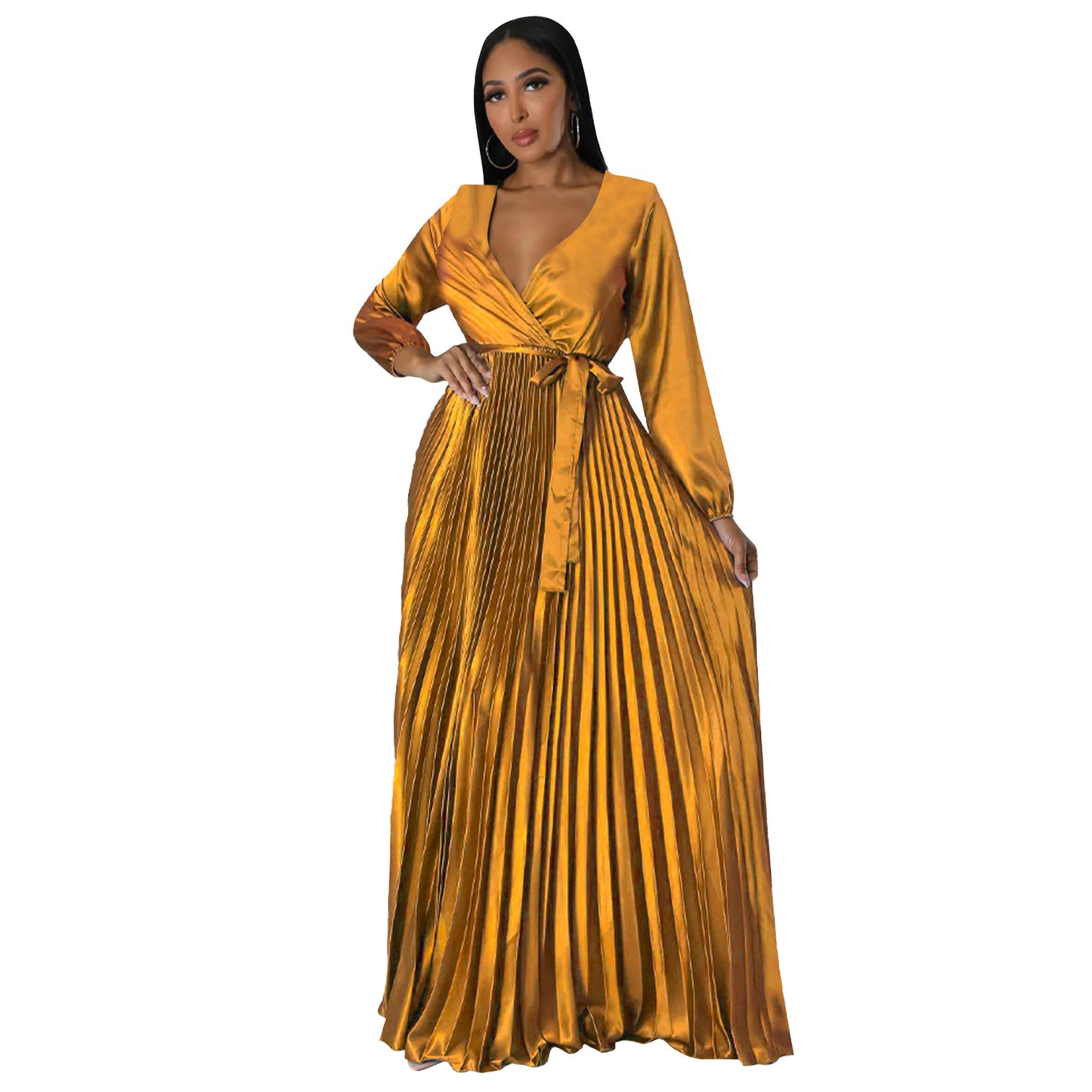 Robe plissée à manches lanternes pour femme