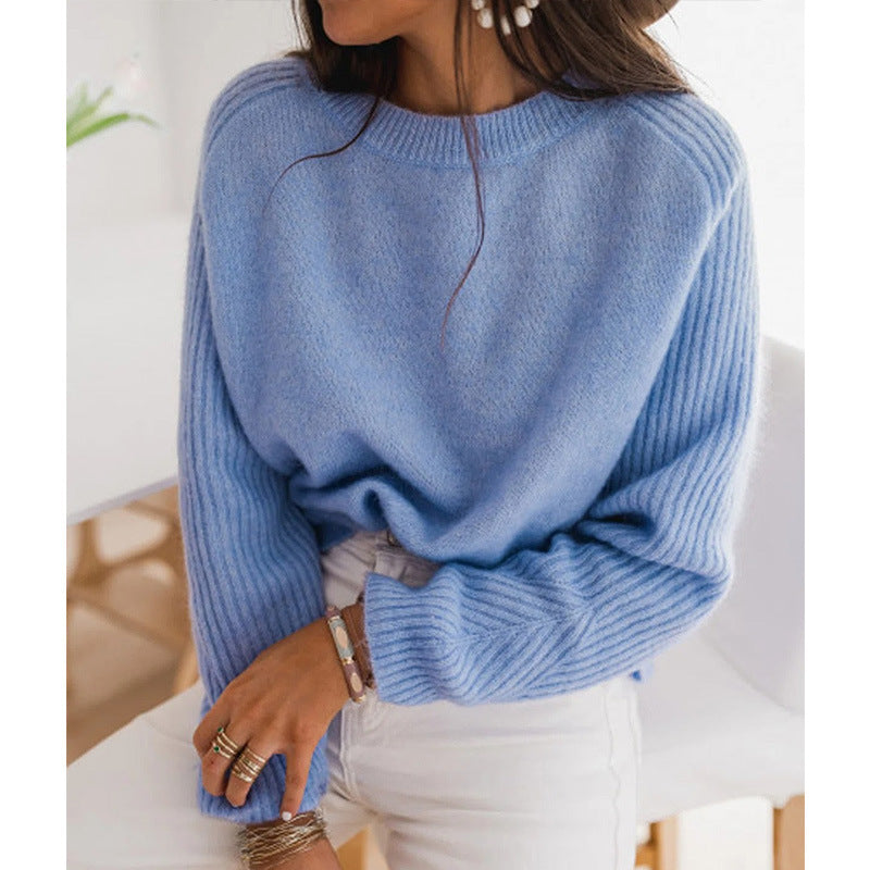 Pull en velours côtelé Bedford bleu lait européen pour femme, col rond, manches longues, tricot décontracté, vêtements d'extérieur tendance