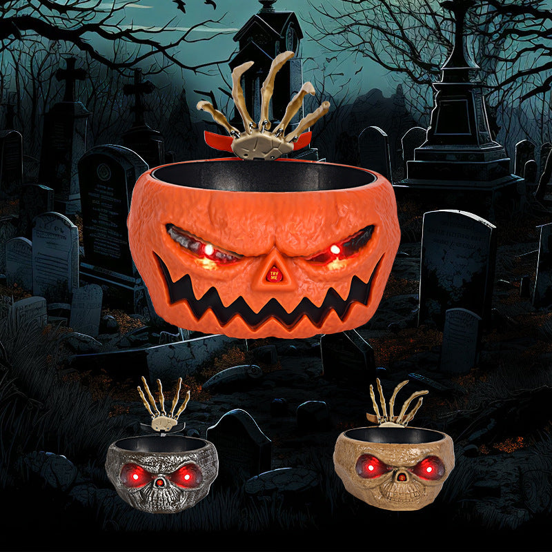 Cuenco de plástico con forma de calabaza para dulces de Halloween con mano activada por movimiento, platos para servir de Halloween, cuenco de calabazas de Halloween que funciona con pilas para fiestas de truco o trato