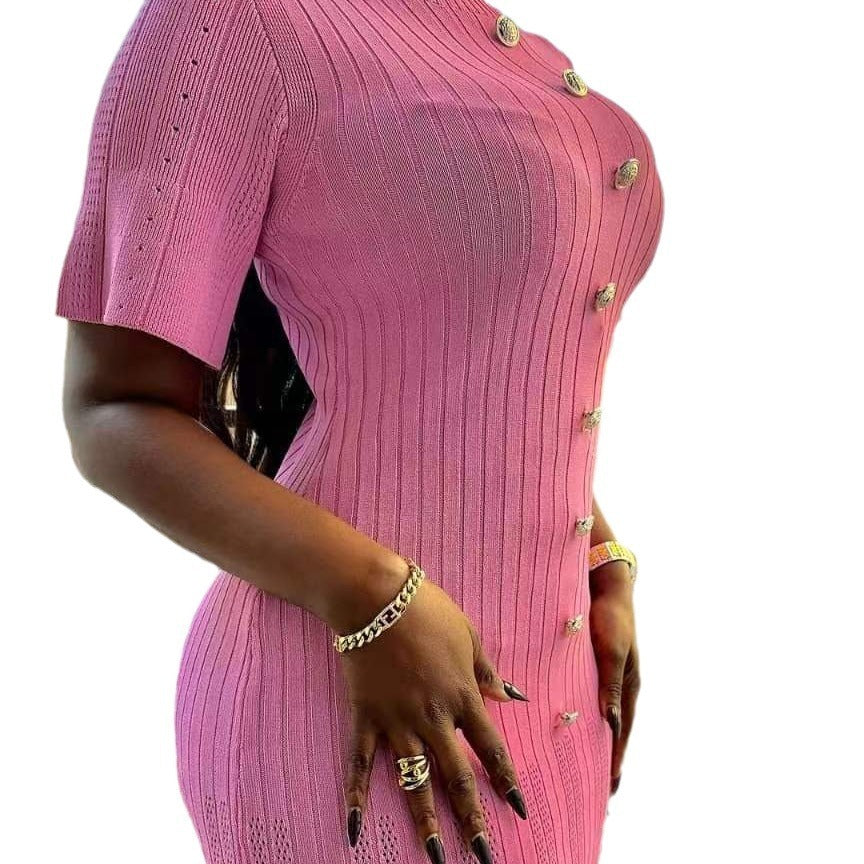 Robe col rond manches courtes tempérament tricoté sac banane