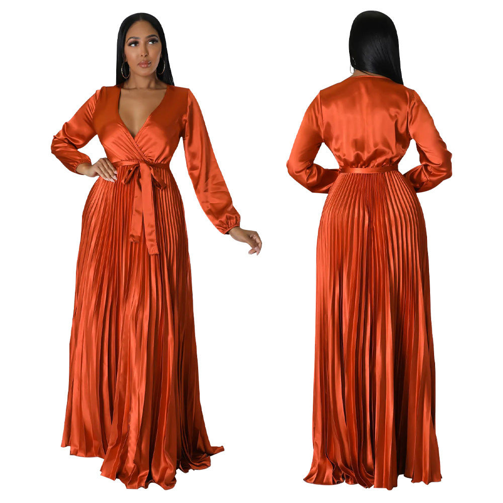 Robe plissée à manches lanternes pour femme