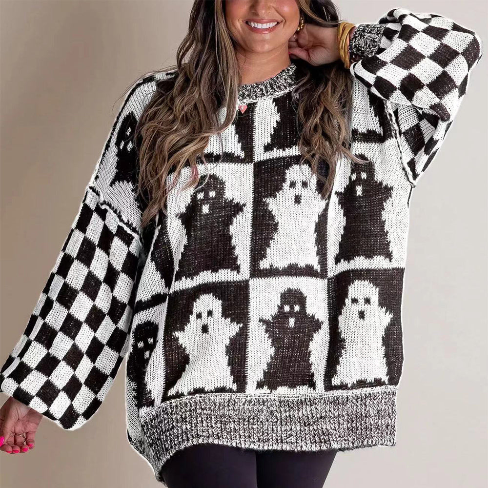 Pull à manches longues en tricot pour femme, imprimé fantôme et damier, style dessin animé d'Halloween, automne et hiver