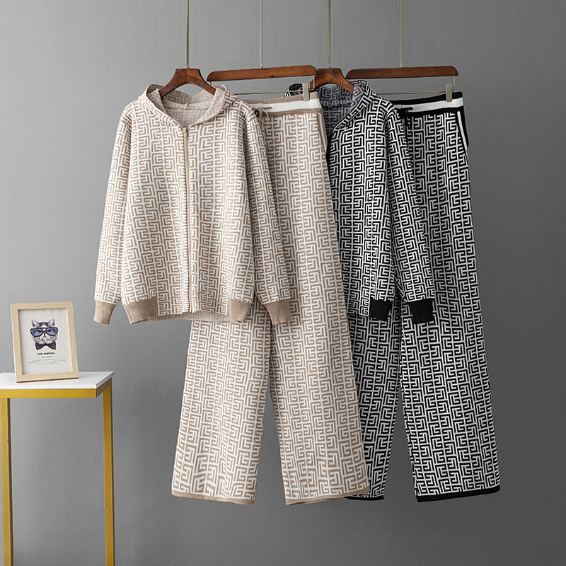 Women's Casual Fashion Zipper Coat & Trousers Knitting Suit