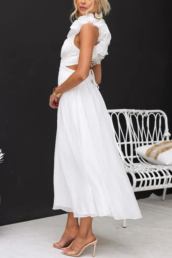 Women's Sleeveless Solid Color Lace-up Pleated Skirt Dress