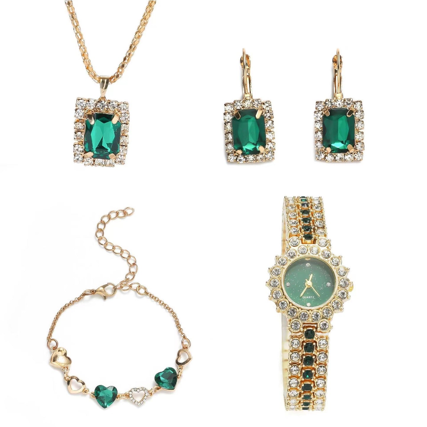 Reloj verde pequeño popular para mujer, correa de acero, reloj de cuarzo, anillo, juego de regalo en caja, juego de cinco piezas