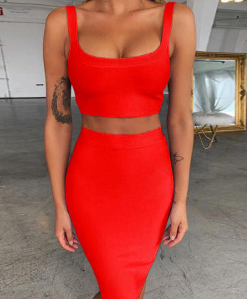 Solid Color Sling U-neck Short Top High Waist Slim Hip Skirt Bandage