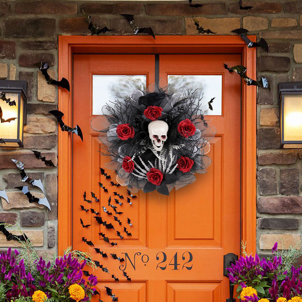 Guirlande de roses rouges et crânes en maille pour décoration de porte d'Halloween