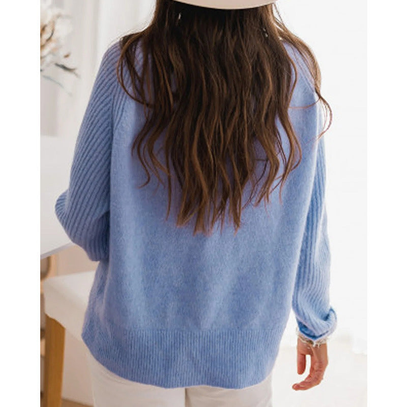 Pull en velours côtelé Bedford bleu lait européen pour femme, col rond, manches longues, tricot décontracté, vêtements d'extérieur tendance