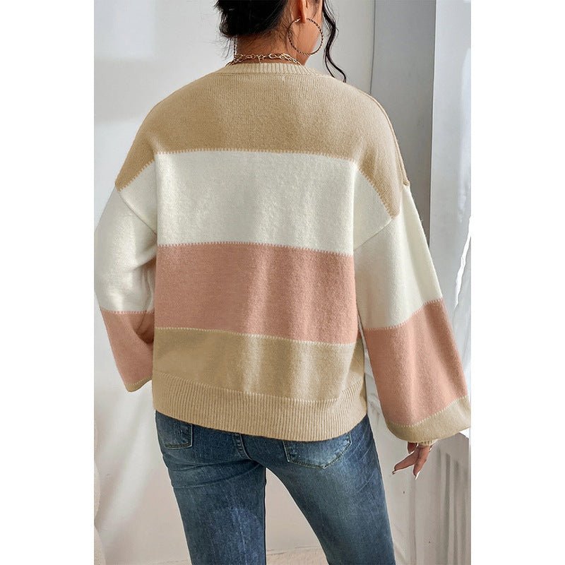 Pull ras du cou color-block décontracté à épaules amples et manches lanternes pour femme