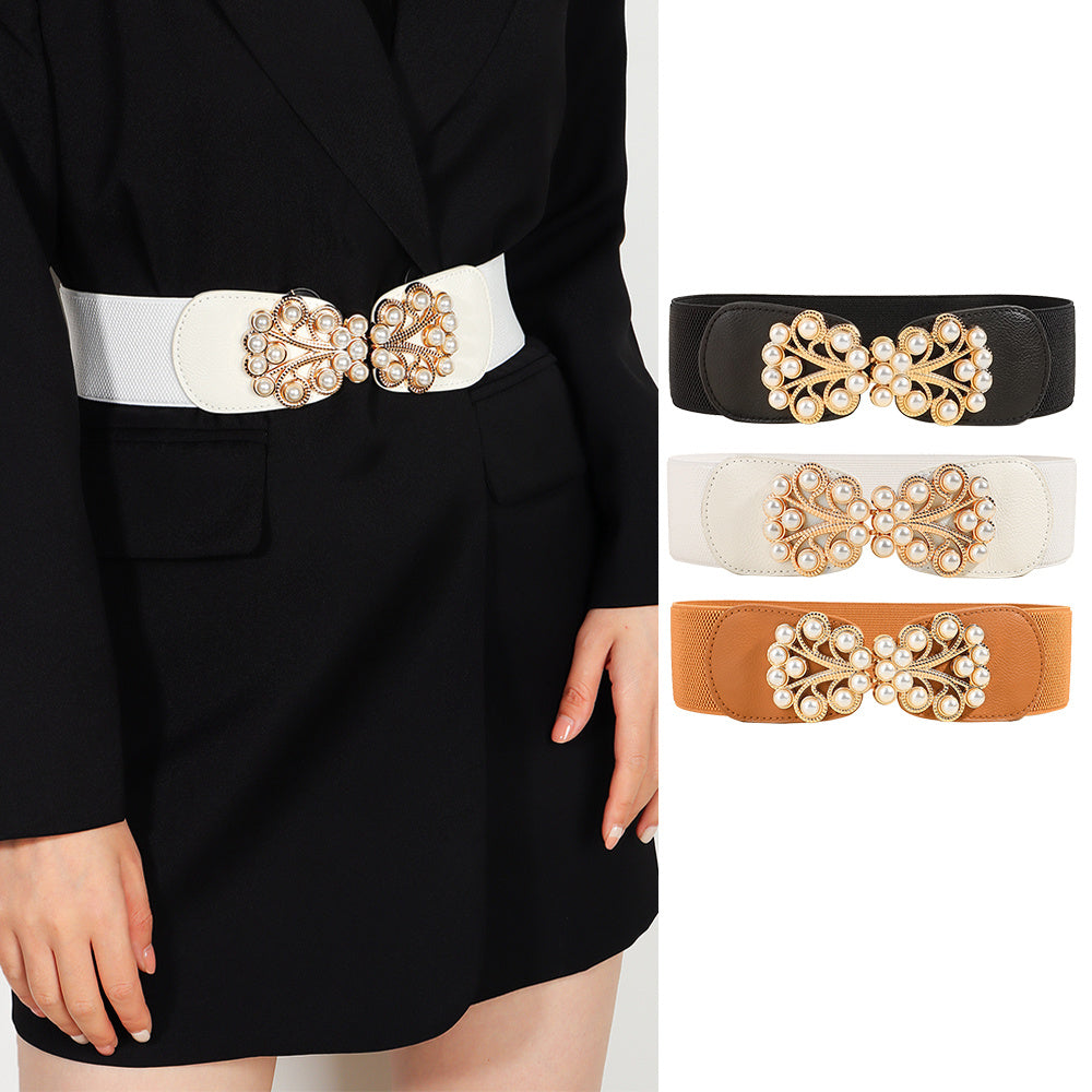 Cinturón ancho elástico elegante para mujer, hebilla de Metal perla, cinturón elástico, traje, chaqueta, vestido, cinturón multicolor