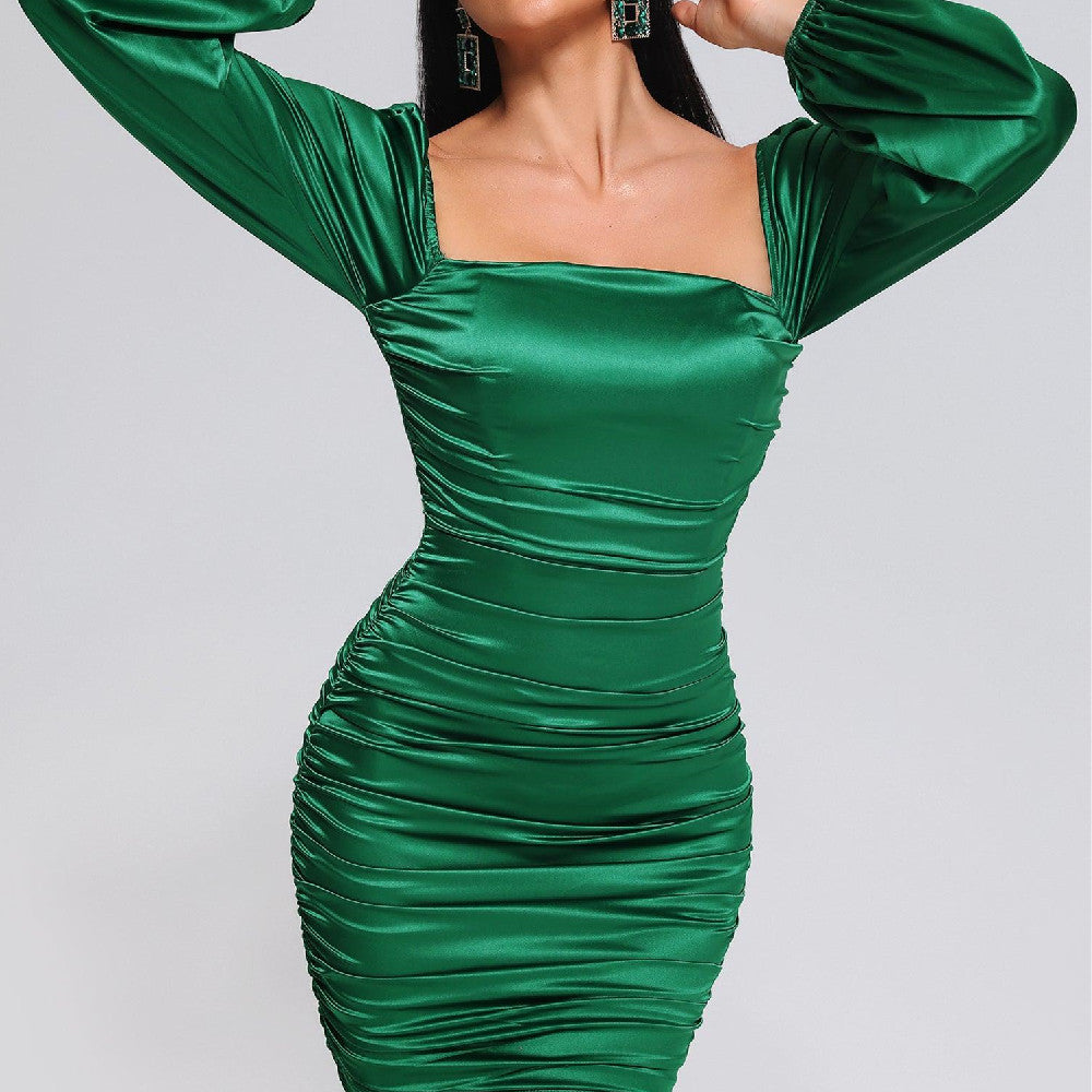 Robe à manches bouffantes et col carré plissé pour femme