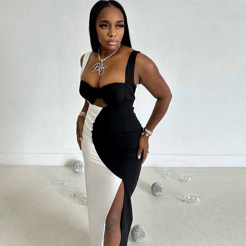 Women's Wear Black And White Color Matching Backless Slip Dress Pleated Sleeveless Collarless Split Length Dress