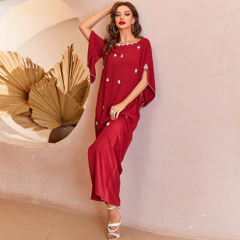 Rose Red Collar Long-sleeved Dress