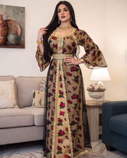 Robe en maille de dentelle brodée imprimée de style ethnique du Moyen-Orient à Dubaï