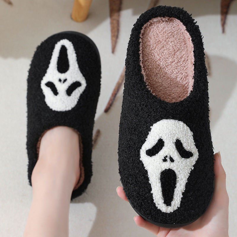Chaussons d'hiver chauds à imprimé tête de mort pour Halloween, pantoufles d'intérieur en coton pour hommes et femmes