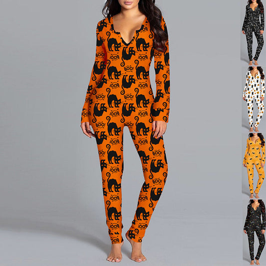 Combinaison imprimée Halloween à manches longues, pyjama pour la maison, pantalon décontracté, vêtements de cosplay pour femmes