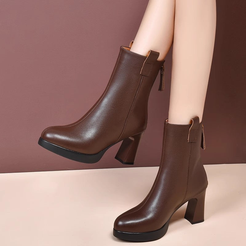 Botas de tacón alto de piel suave para mujer, además de terciopelo de piel auténtica