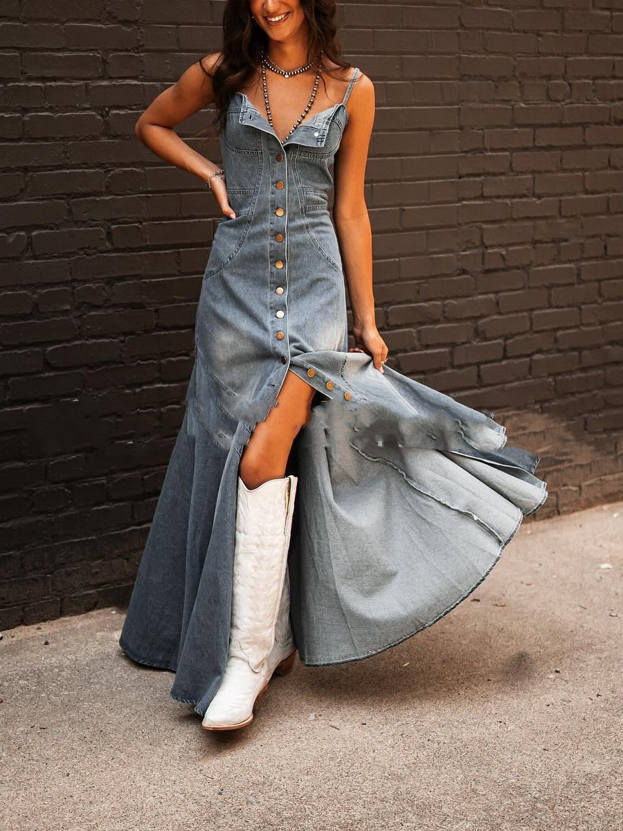 Women's Vintage Denim Washed Distressed Large Swing Dress